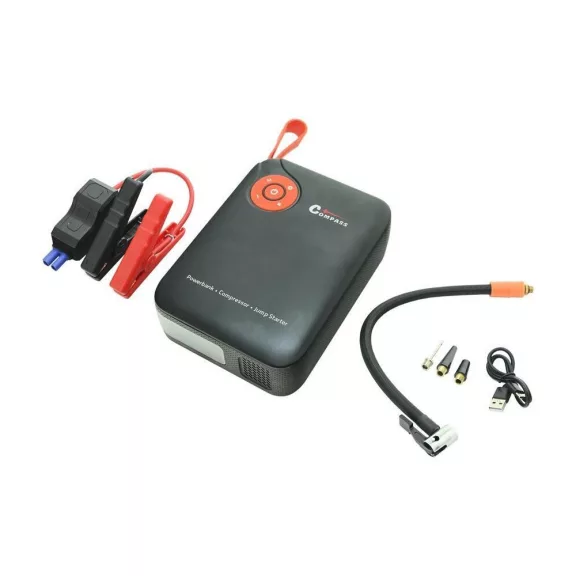 Compass indítóállomás kompresszorral, powerbankkal és lámpával (7200 mAh, 600 A)