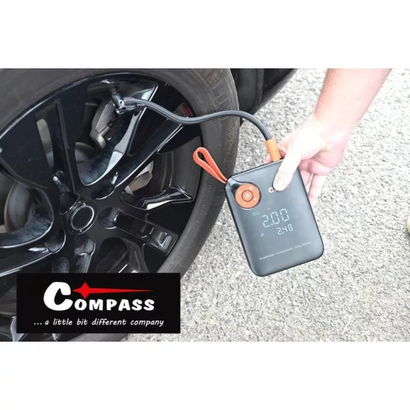 Compass indítóállomás kompresszorral, powerbankkal és lámpával (7200 mAh, 600 A)